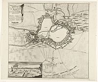 Bombardement van Arras, 1712 Plan de la Ville et Cittadelle d'Arras et du Bombardement fait par les Troupes des Alliez Sous le Comandement de Mylord Albemarle le 2. et 3. de Mars 1712. pour bruler les Magasins des Franç, RP-P-AO-19-7