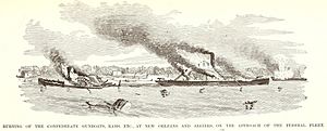 Frank Leslie's scenes and portraits of the Civil War (1894) (14576440909) Burning of the Confederate gunboats, rams etc. at New Orleans and Algiers on the approach of the Federal Fleet (cropped)