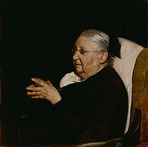painting of an old woman with glasses and grey hair in a chair, by lamplight