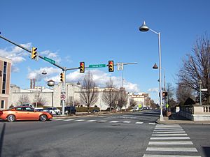 Downtown Hershey at the intersection of Chocolate and Cocoa avenues, with Hershey Kiss-shaped streetlamps