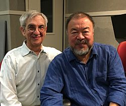 Historian and radio show host Jon Wiener with Chinese dissent artist Ai Wei Wei at KPFK in L.A., 2017