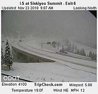 Left: I-5 at Siskiyou Summit (2010); right: Snowplow clearing snow on Siskiyou Summit.