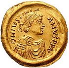 Tremissis with the image of Justinian the Great(527–565 CE) (see Byzantine insignia) of Byzantine Empire