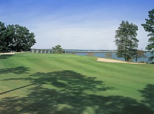 The 18th hole at the Santee-Cooper Country Club, showing the I-95 causeway crossing Lake Marion at Santee