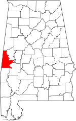Map of Alabama highlighting Sumter County