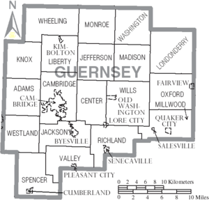Map of Guernsey County Ohio With Municipal and Township Labels