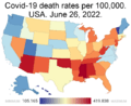 Map of cumulative COVID-19 death rates by US state