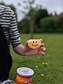 Person holding a Peri-Peri Chicken flavoured Pringle, with a fondant smiley face