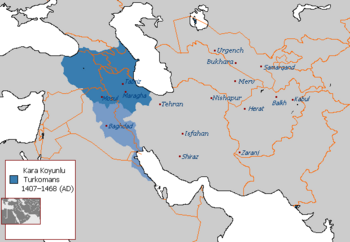Qara Qoyunlu Turkomans, lighter blue shows their greatest extent in Iraq and Arabian East Coast for a small period of time