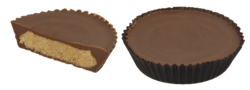 A whole Reese's Peanut Butter Cup next to a half Reese's Peanut Butter Cup showing the peanut butter filling in the middle of the Hershey's chocolate.