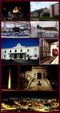 Views of São Carlos, Top left:Night view of São Carlos Cathedral, Top right:Federal University of São Carlos, 2nd:Planes display in Wings of a Dream Museum, P-47D Thunderbolt(left), Santos Dumont Demoiselle(right), Middle:São Carlos Railroad Station, Entrance Building(left), track and platform(right), 4th left:Chamine Garden, 4th right:Alvaro Guiao School, Bottom:Night view of Downtown São Carlos from Iguatemi Shopping Mall