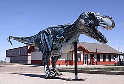 A sculpture of Sue stands on U.S. Route 212 in Faith, across from the Prairie Oasis Hotel,April 2010