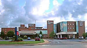 The hospital building on the left and Clinic on the right