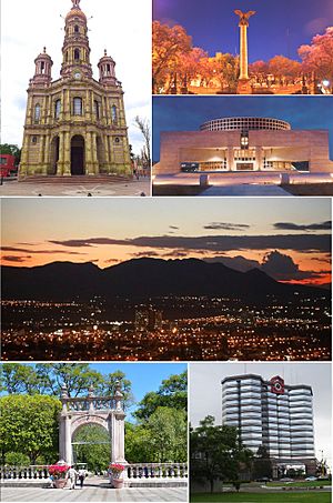 Clockwise from top: San Antonio de Padua Church, La Exedra (main square), Aguascalientes Opera House, Cerro del Muerto, Plaza Bosques Tower and the San Marcos Park.