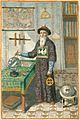 Color print of a man with a long white beard wearing a double-edged round cap and dressed in a long robe, who is pointing a compass to a celestial globe that is sitting on a table on the left.