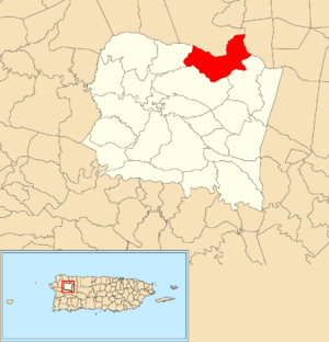 Location of Aibonito within the municipality of San Sebastián shown in red