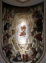 Basilica of the Sacred Heart (Notre Dame, Indiana) - interior, The Lady Chapel, mural, The Exaltation of the Holy Cross by Luigi Gregori, looking straight up