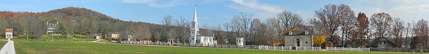 Panorama of Boonesfield Village with the Old Peace Chapel and other historic buildings