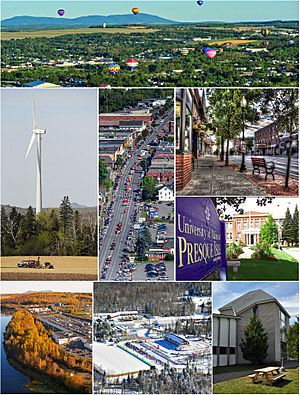 Clockwise, from top:  Crown of Maine Balloon Fest in Presque Isle, Downtown, University of Maine at Presque Isle, Aroostook Band of Micmac headquarters and museum, Nordic Heritage Center, Aroostook Centre Mall, UMPI wind turbine, Main Street