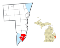 Location within St. Clair County (red) and the administered community of Pearl Beach (pink)