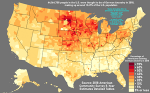 Distribution of Americans claiming German Ancestry by county in 2018