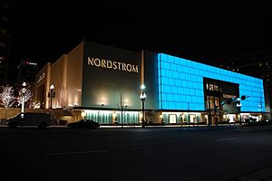Downtown Salt Lake City, Utah, USA Nordstrom, West Temple Entrance facade at night