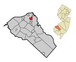 Map of Woodbury highlighted within Gloucester County. Inset: Location of Gloucester County in New Jersey.