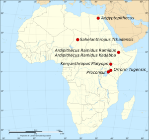 Map of the fossil sites of the earliest hominids (35.8-3.3M BP)