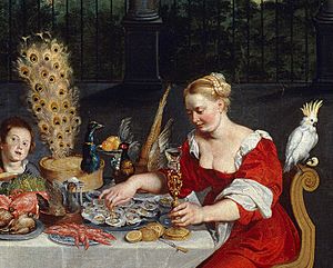 Peacock served in full plumage (detail of BRUEGHEL Taste, Hearing and Touch)