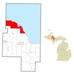 Location within Marquette County (red) and the administered community of Big Bay (pink)