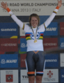 The podium of the women's time trial at the 2013 UCI Road World Championships (cropped)