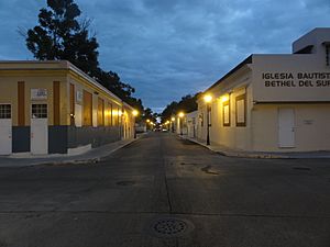 A street in Barrio Segundo at dusk, in the Ponce Historic Zone