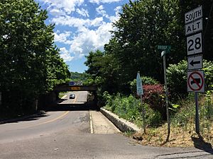 2016-06-18 12 40 21 View south along West Virginia State Route 28 Alternate (Mulligan Street) at Bridge Street in Ridgeley, Mineral County, West Virginia