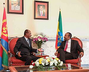 Abiy Ahmed and Isaias Afwerki speaking in Eritrea 2019
