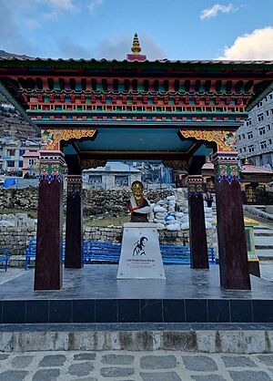 Bust of Pemba Doma Sherpa, the first Nepalese female mountaineer to climb Mount Everest, at her memorial in Namche Bazaar, Nepal