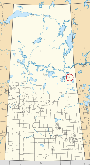 A map of the province of Saskatchewan showing 297 rural municipalities and hundreds of small Indian reserves. One is highlighted with a red circle.