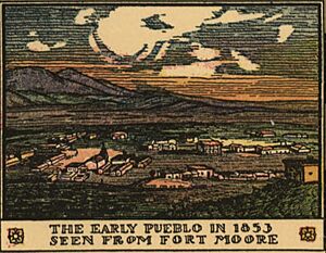 Early pueblo in 1853 as seen from Fort Moore, image from 1929 story map Los Angeles as it was in 1871