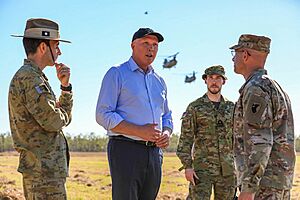 MAJGEN Jake Ellwood commander of Australia Defence Force 1st Division MINDEF Peter Dutton and COL Matthew Dalton commander of the 38th Air Defense Artillery Brigade Camp Growl Queensland 18 July 2021