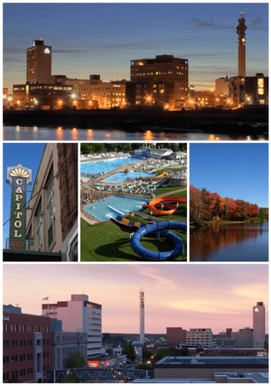 From top, left to right: Moncton skyline at night, the Capitol Theatre, Magic Mountain, Centennial Park, and Downtown Moncton at dusk
