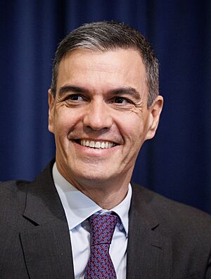 (Top image): Pedro Sánchez staring at the camera with a neutral expression, in a suit and a neck tie with the colors blue, black, & yellow arranged in a tartan like pattern. (Bottom image): Pedro Sánchez' signature