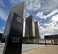 Palais de la Cour de Justice CJEU March 2023 Sign, Towers C,B and A and the Anneau buiding