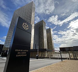 Palais de la Cour de Justice CJEU March 2023 Sign, Towers C,B and A and the Anneau buiding.jpg