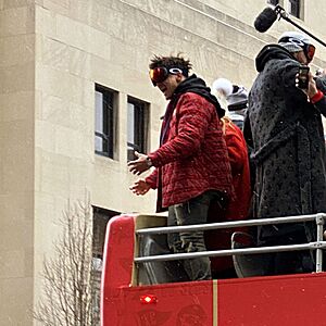 Patrick Mahomes at the Chiefs Super Bowl parade downtown on Grand (50299498817)