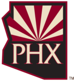 A logo outline of the state of Arizona with a rising sun graphic and the letters PHX