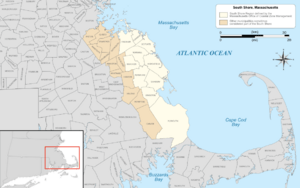 Map of the South Shore region of Massachusetts highlighted in yellow based on the region defined by the Massachusetts Office of Coastal Zone Management, with areas sometimes included in the region on other lists highlighted in light brown.