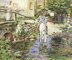 Theodore Robinson (1852-1896) - Père Trognon and His Daughter at the Bridge (1891)