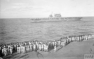 USS Saratoga viewed from HMS Illustrious at the conclusion of Operation Transom