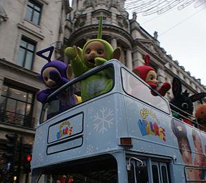 View of the Teletubbies on top of a Cbeebies Village Daimler Fleetline bus in the Hamley's Toy Parade (geograph 5200061)