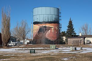 Water tower with a mural in Sleepy Hollow, Campbell County, Wyoming