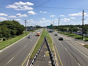 2021-09-07 14 13 08 View south along New Jersey State Route 73 from the overpass for New Jersey State Route 41 (Kings Highway) in Maple Shade Township, Burlington County, New Jersey